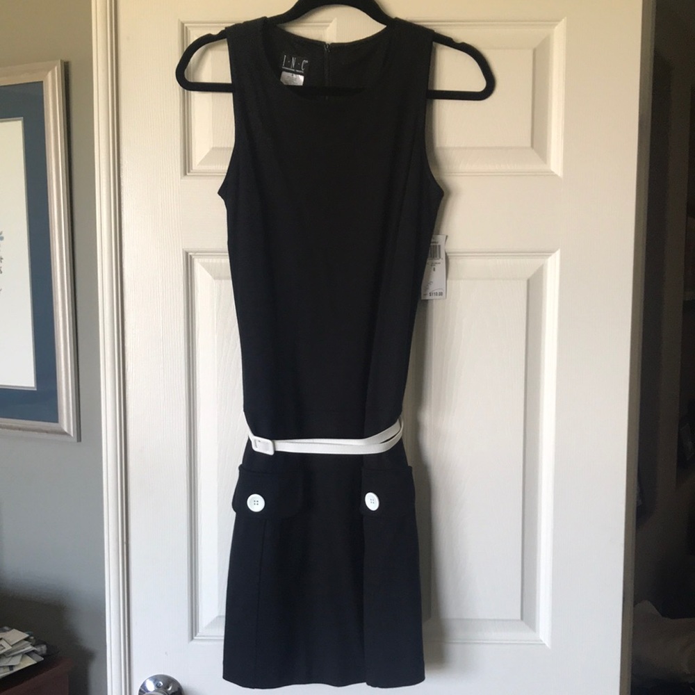 NWT Inc Little black dress, drop waist white leather belt - $110 original price